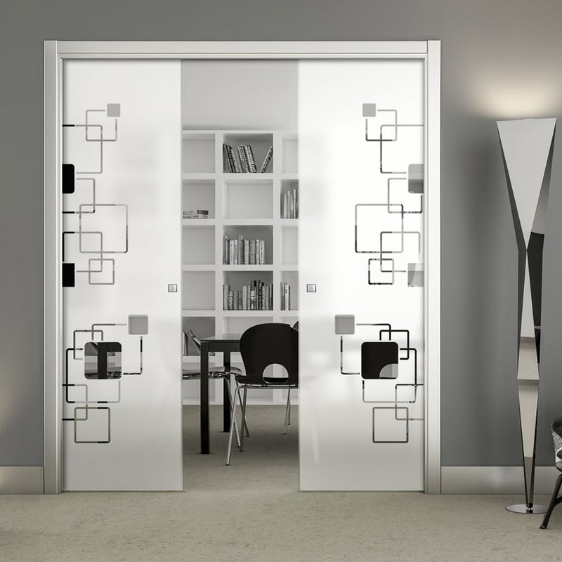 Geometric Pattern 8mm Obscure Glass - Clear Printed Design - Double Evokit Glass Pocket Door