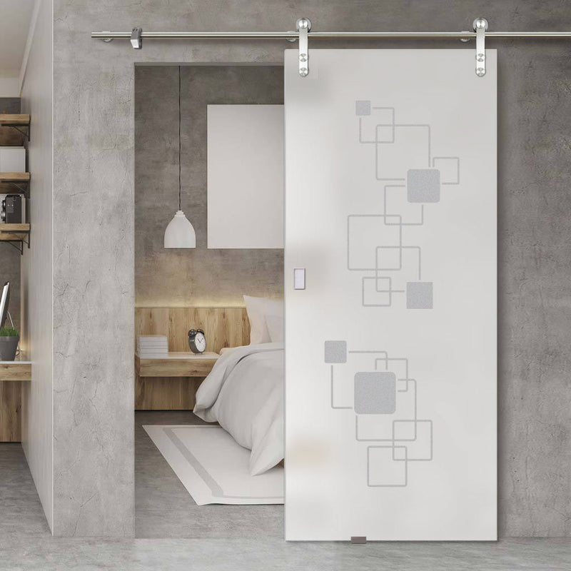 Single Glass Sliding Door - Solaris Tubular Stainless Steel Sliding Track & Geometric Pattern 8mm Obscure Glass - Obscure Printed Design