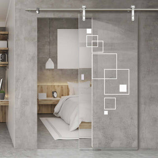 Image: Single Glass Sliding Door - Solaris Tubular Stainless Steel Sliding Track & Geometric Square 8mm Clear Glass - Obscure Printed Design