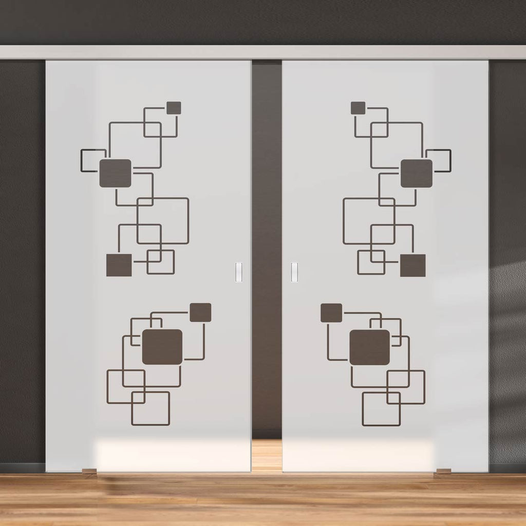 Double Glass Sliding Door - Geometric Pattern 8mm Obscure Glass - Clear Printed Design with Elegant Track