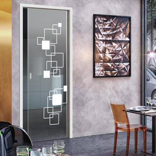 Image: Geometric Pattern 8mm Clear Glass - Obscure Printed Design - Single Evokit Glass Pocket Door