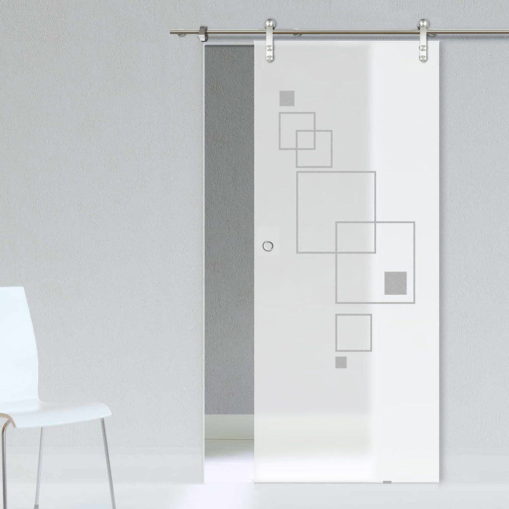 Single Glass Sliding Door - Solaris Tubular Stainless Steel Sliding Track & Geometric Square 8mm Obscure Glass - Obscure Printed Design