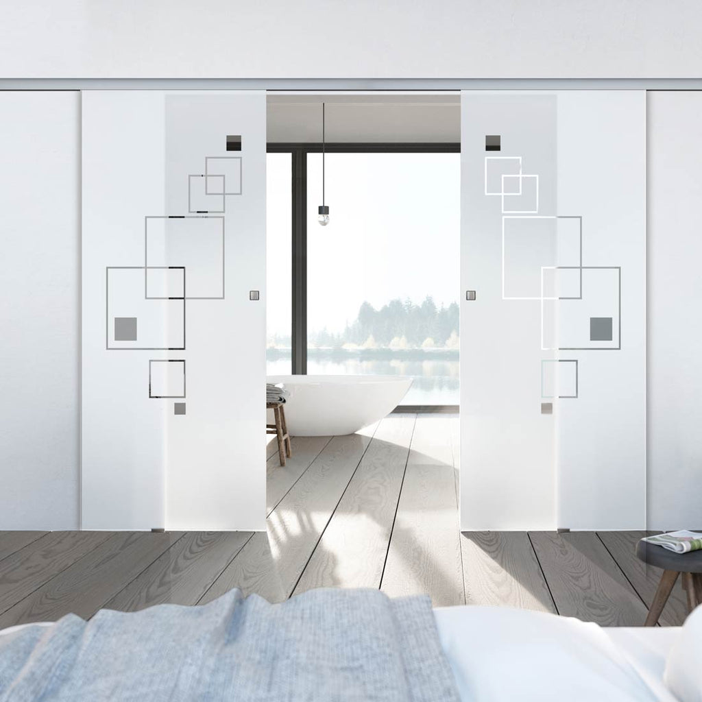 Double Glass Sliding Door - Geometric Square 8mm Obscure Glass - Clear Printed Design with Elegant Track
