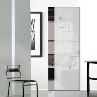 Image: Geometric Square 8mm Obscure Glass - Obscure Printed Design - Single Absolute Pocket Door