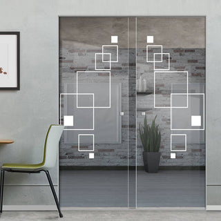 Image: Geometric Square 8mm Clear Glass - Obscure Printed Design - Double Absolute Pocket Door