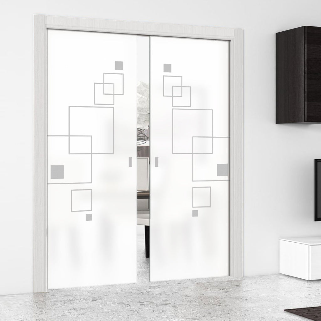 Geometric Square 8mm Obscure Glass - Obscure Printed Design - Double Evokit Glass Pocket Door