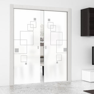 Image: Geometric Square 8mm Obscure Glass - Obscure Printed Design - Double Evokit Glass Pocket Door