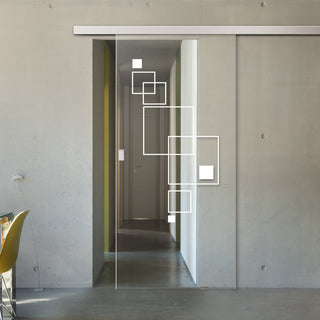 Image: Single Glass Sliding Door - Geometric Square 8mm Clear Glass - Obscure Printed Design with Elegant Track