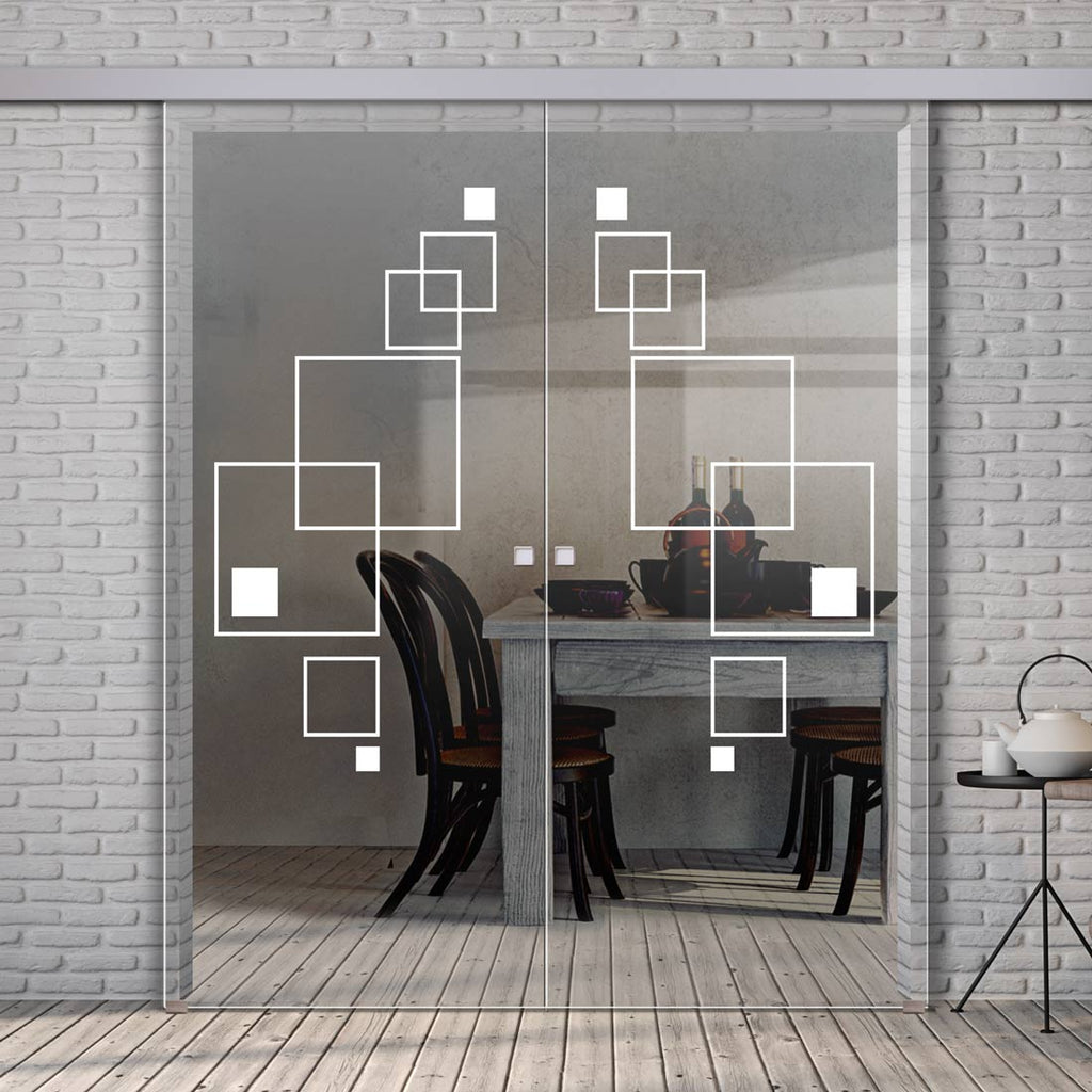 Double Glass Sliding Door - Geometric Square 8mm Clear Glass - Obscure Printed Design with Elegant Track