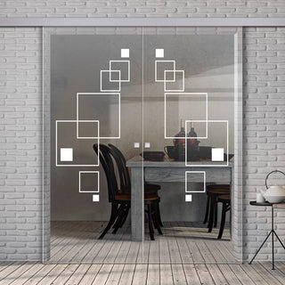 Image: Double Glass Sliding Door - Geometric Square 8mm Clear Glass - Obscure Printed Design with Elegant Track