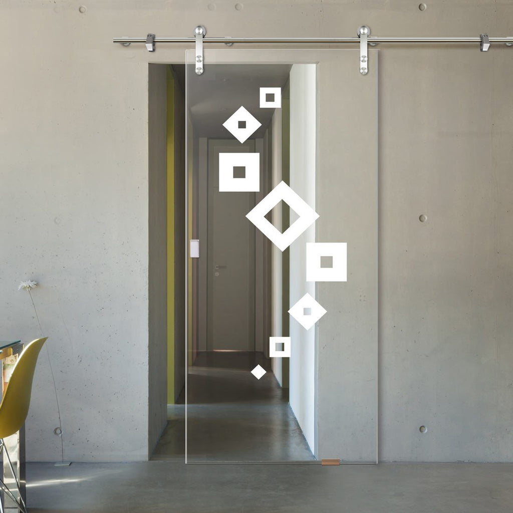 Single Glass Sliding Door - Solaris Tubular Stainless Steel Sliding Track & Geometric Swirl 8mm Clear Glass - Obscure Printed Design