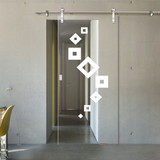 Image: Single Glass Sliding Door - Solaris Tubular Stainless Steel Sliding Track & Geometric Swirl 8mm Clear Glass - Obscure Printed Design