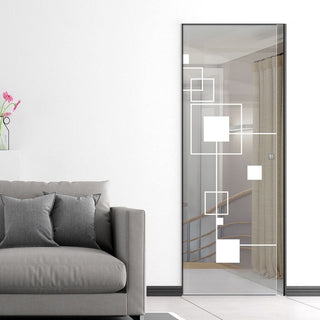 Image: Geometric Zoom 8mm Clear Glass - Obscure Printed Design - Single Absolute Pocket Door