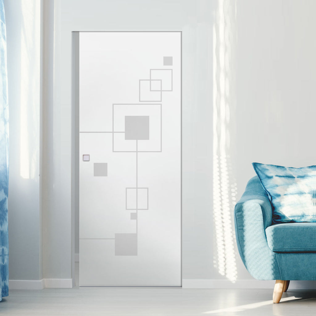 Geometric Zoom 8mm Obscure Glass - Obscure Printed Design - Single Absolute Pocket Door