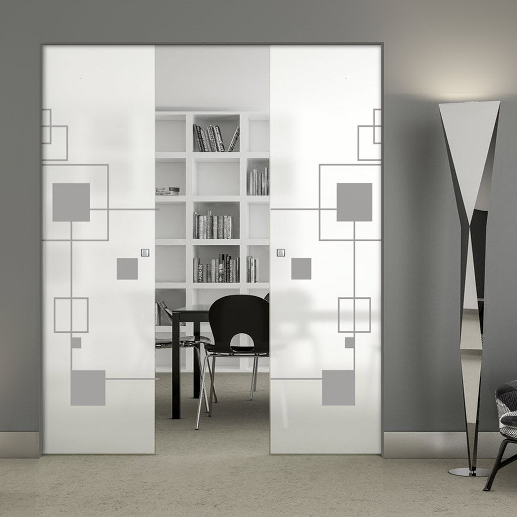 Geometric Zoom 8mm Obscure Glass - Obscure Printed Design - Double Absolute Pocket Door