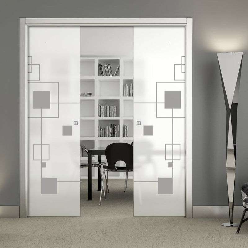 Geometric Zoom 8mm Obscure Glass - Obscure Printed Design - Double Evokit Glass Pocket Door