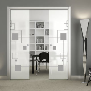 Image: Geometric Zoom 8mm Obscure Glass - Obscure Printed Design - Double Evokit Glass Pocket Door