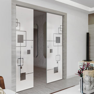 Image: Geometric Zoom 8mm Obscure Glass - Clear Printed Design - Double Evokit Glass Pocket Door