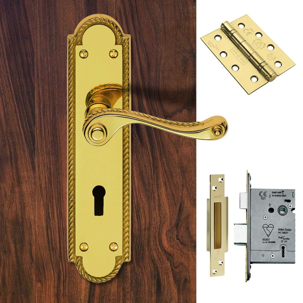 FG27 Georgian Suite Lever Lock Polished Brass Handle Pack