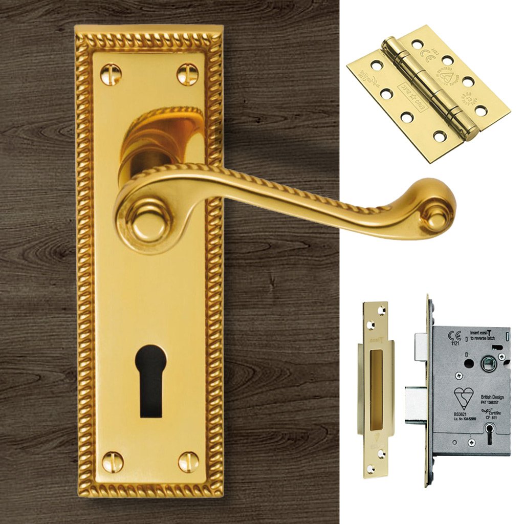 FG1 Georgian Suite Lever Lock Polished Brass Handle Pack