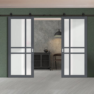 Image: Top Mounted Black Sliding Track & Solid Wood Double Doors - Eco-Urban® Glasgow 6 Pane Doors DD6314SG - Frosted Glass - Stormy Grey Premium Primed