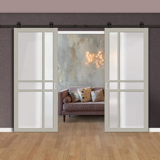Image: Top Mounted Black Sliding Track & Solid Wood Double Doors - Eco-Urban® Glasgow 6 Pane Doors DD6314SG - Frosted Glass - Mist Grey Premium Primed