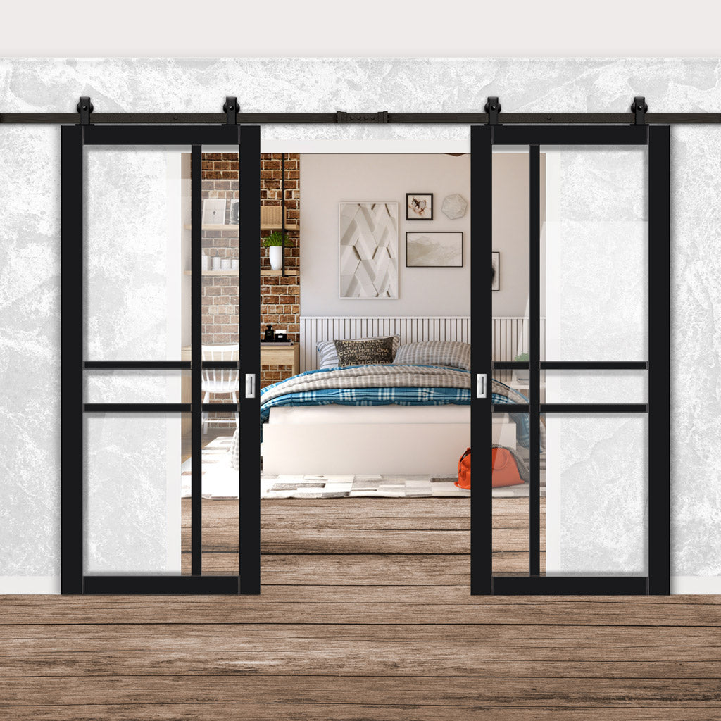 Top Mounted Black Sliding Track & Solid Wood Double Doors - Eco-Urban® Glasgow 6 Pane Doors DD6314G - Clear Glass - Shadow Black Premium Primed