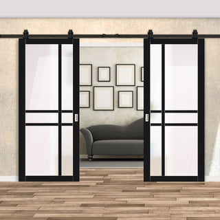 Image: Top Mounted Black Sliding Track & Solid Wood Double Doors - Eco-Urban® Glasgow 6 Pane Doors DD6314SG - Frosted Glass - Shadow Black Premium Primed