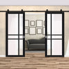 Top Mounted Black Sliding Track & Solid Wood Double Doors - Eco-Urban® Glasgow 6 Pane Doors DD6314SG - Frosted Glass - Shadow Black Premium Primed