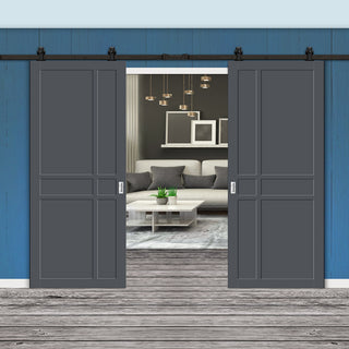 Image: Top Mounted Black Sliding Track & Solid Wood Double Doors - Eco-Urban® Glasgow 6 Panel Doors DD6314 - Stormy Grey Premium Primed