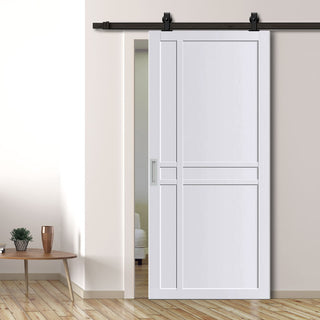 Image: Top Mounted Black Sliding Track & Solid Wood Door - Eco-Urban® Glasgow 6 Panel Solid Wood Door DD6314 - Cloud White Premium Primed