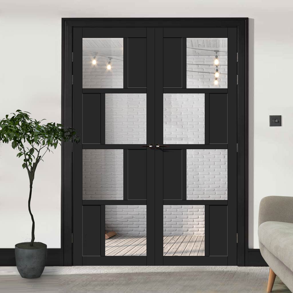 Eco-Urban Cusco 4 Pane 4 Panel Solid Wood Internal Door Pair UK Made DD6416G Clear Glass - Eco-Urban® Shadow Black Premium Primed