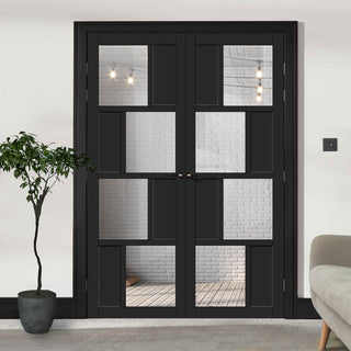 Image: Eco-Urban Cusco 4 Pane 4 Panel Solid Wood Internal Door Pair UK Made DD6416G Clear Glass - Eco-Urban® Shadow Black Premium Primed
