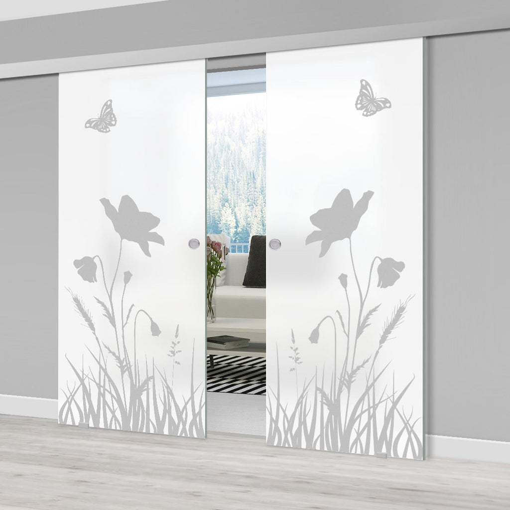 Double Glass Sliding Door - Butterfly 8mm Obscure Glass - Obscure Printed Design with Elegant Track
