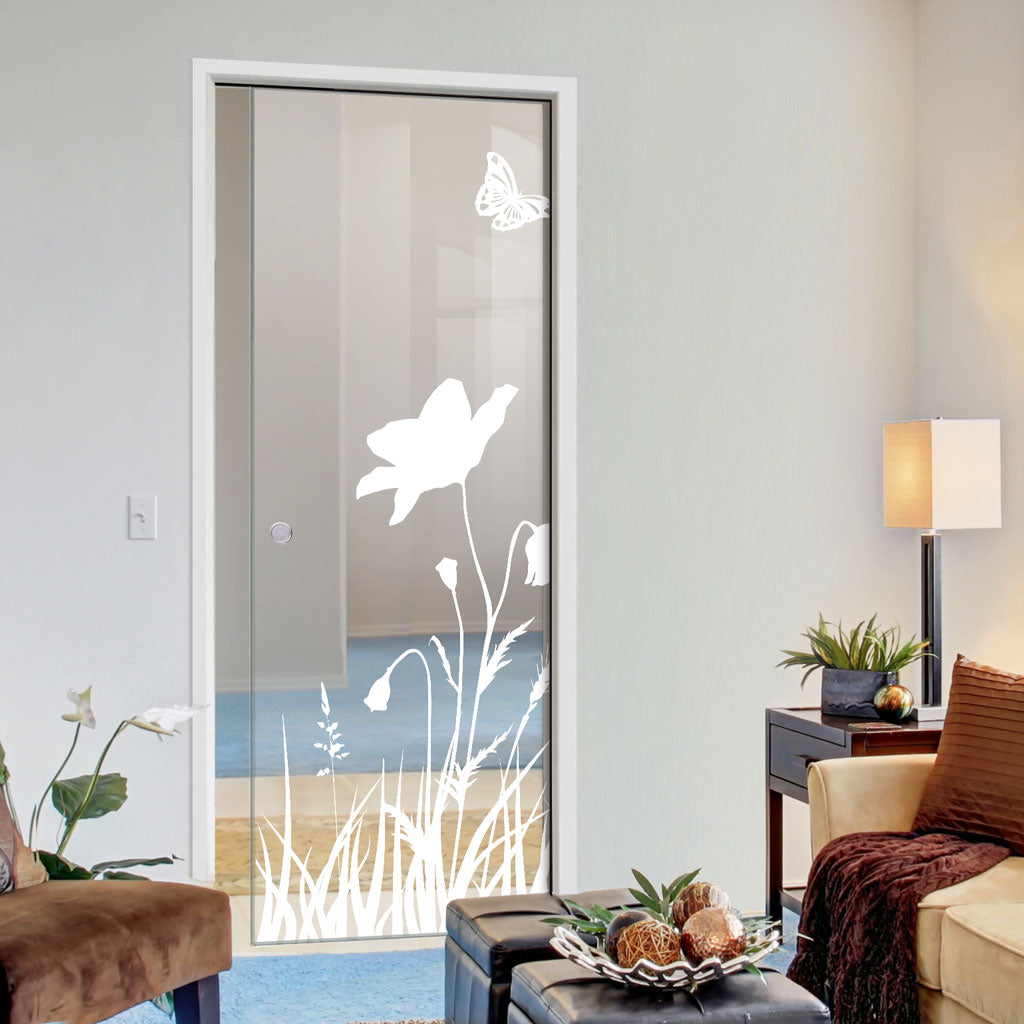 Butterfly 8mm Clear Glass - Obscure Printed Design - Single Evokit Glass Pocket Door