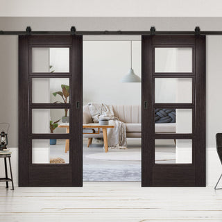 Image: Top Mounted Black Sliding Track & Montreal Prefinished Dark Grey Ash Double Door - Clear Glass