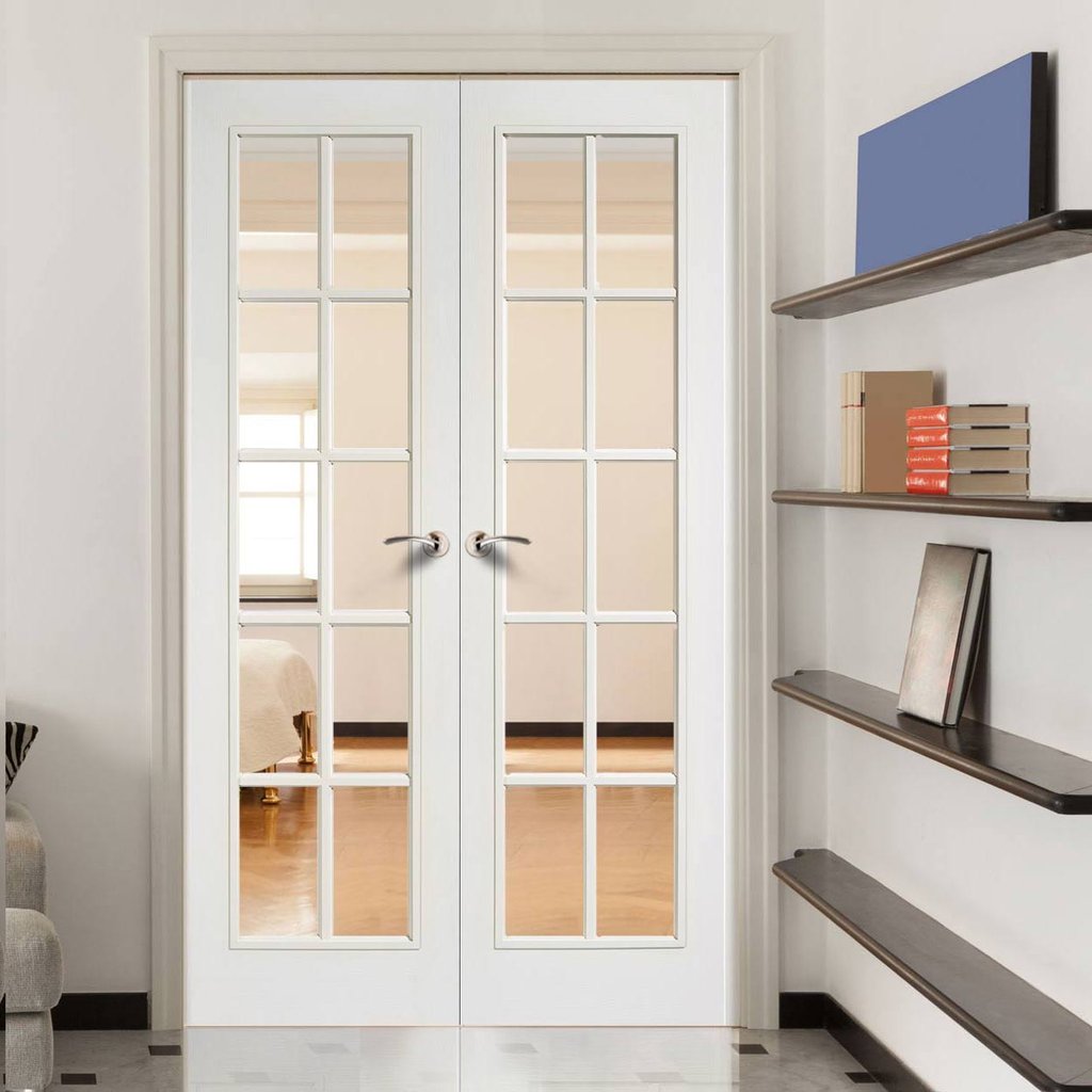 SA 10 Pane Moulded Grained White Door Pair - Clear Glass