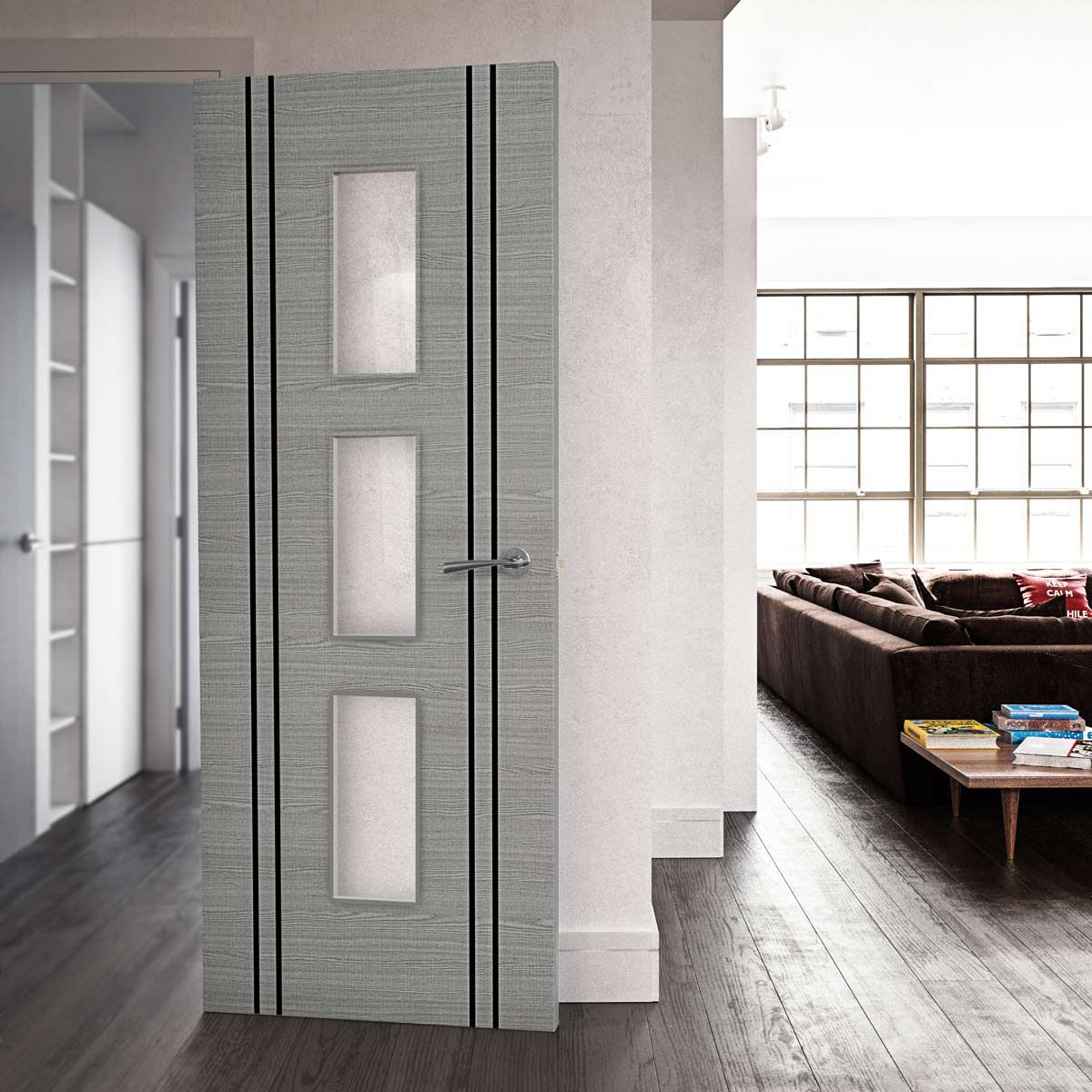 Bespoke Door - Flush Dark Grey Inlay - American Light Grey Ash Veneer - Clear Glass - 11 - Prefinished
