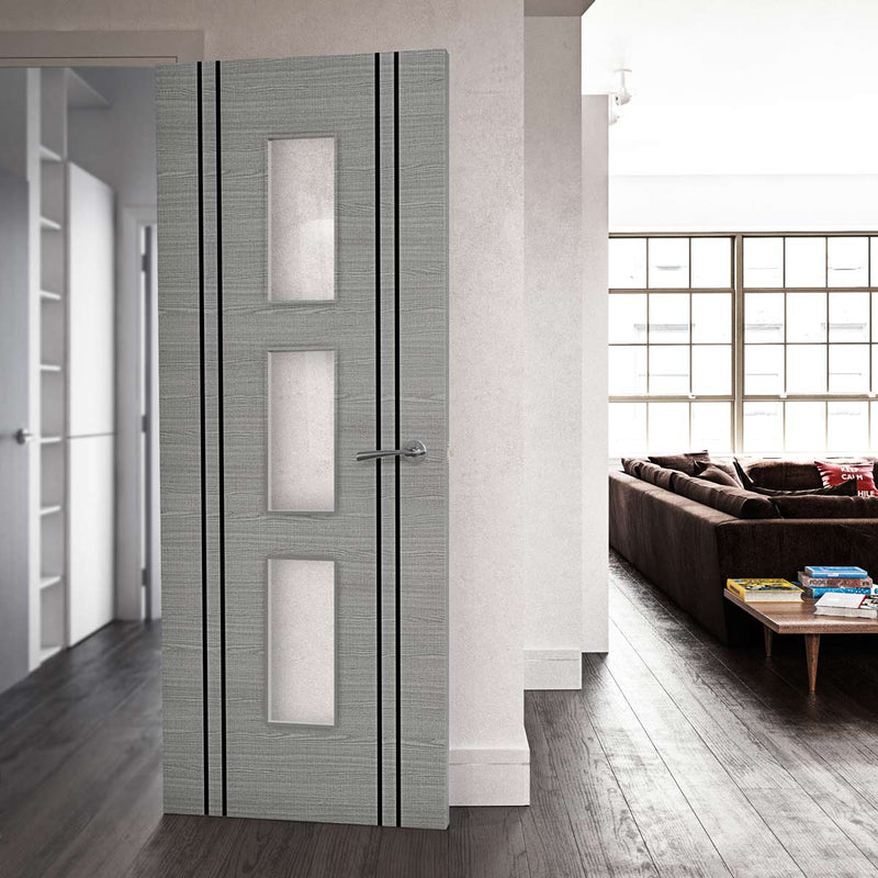 Bespoke Door - Flush Dark Grey Inlay - American Light Grey Ash Veneer - Clear Glass - 11 - Prefinished