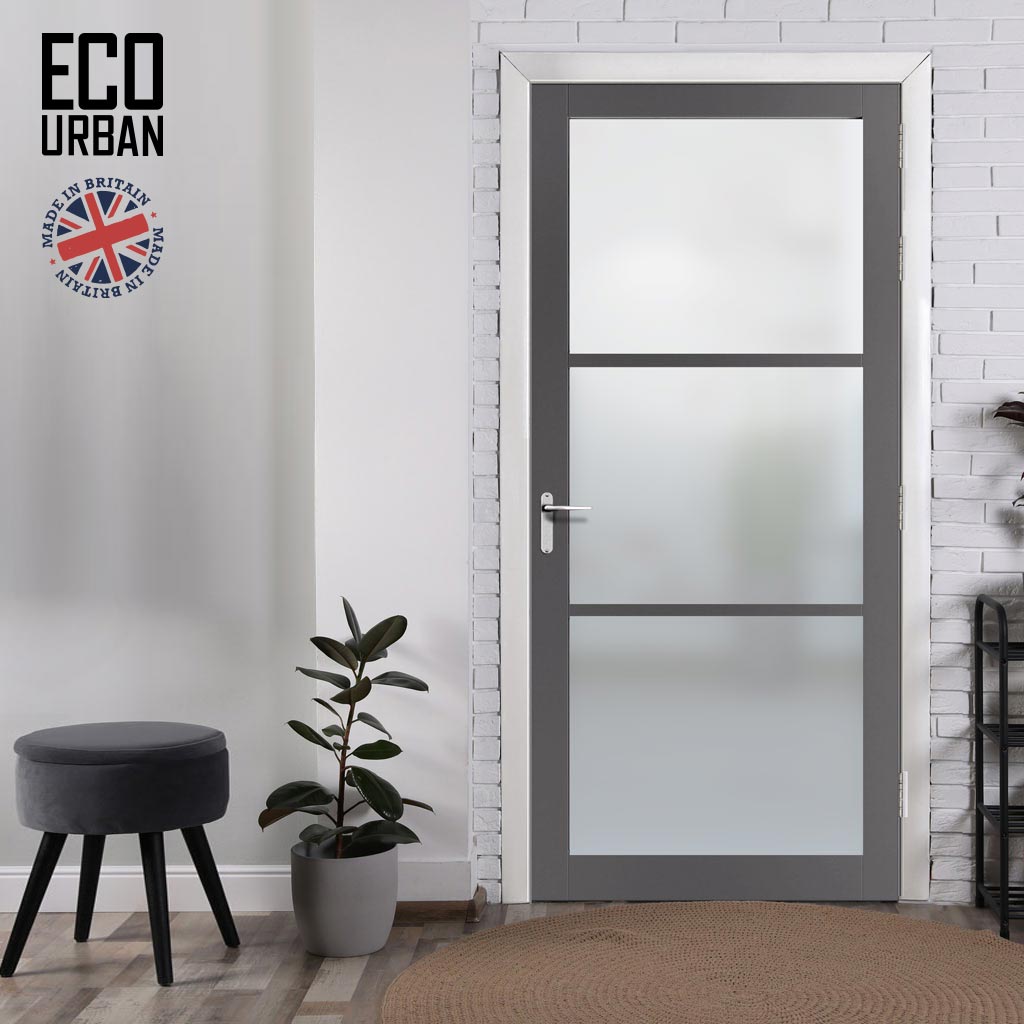 Handmade Eco-Urban Manchester 3 Pane Solid Wood Internal Door UK Made DD6306SG - Frosted Glass - Eco-Urban® Stormy Grey Premium Primed