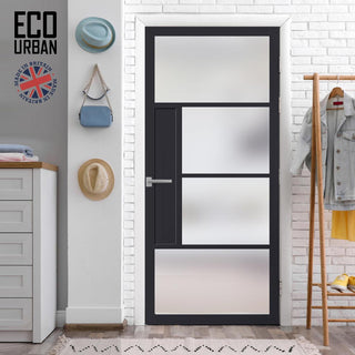 Image: Handmade Eco-Urban Boston 4 Pane Solid Wood Internal Door UK Made DD6311SG - Frosted Glass - Eco-Urban® Shadow Black Premium Primed
