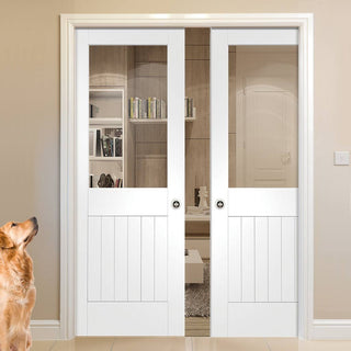 Image: Bespoke Suffolk White Primed Glazed Double Pocket Door