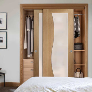 Image: Bespoke Thruslide Emilia Oak Glazed 2 Door Wardrobe and Frame Kit - Stepped Panel Design
