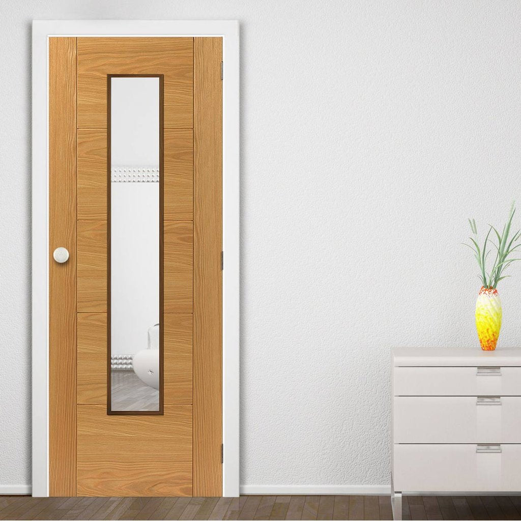 J B Kind Oak Contemporary Emral Fire Door - Clear Glass - 1/2 Hour Fire Rated - Prefinished