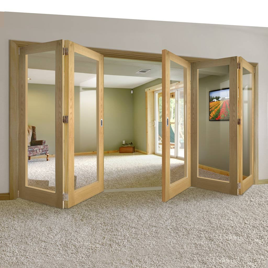 Five Folding Doors & Frame Kit - Walden Oak 3+2 - Clear Glass - Unfinished