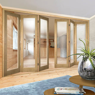 Image: Six Folding Doors & Frame Kit - Walden Oak 3+3 - Clear Glass - Unfinished