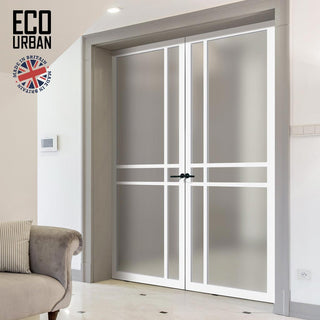 Image: Eco-Urban Glasgow 6 Pane Solid Wood Internal Door Pair UK Made DD6314SG - Frosted Glass - Eco-Urban® Cloud White Premium Primed
