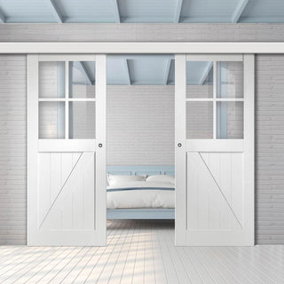 Image: Double Sliding Door & Wall Track - Frame Ledged and Braced Cottage with Clear Glass- White Primed