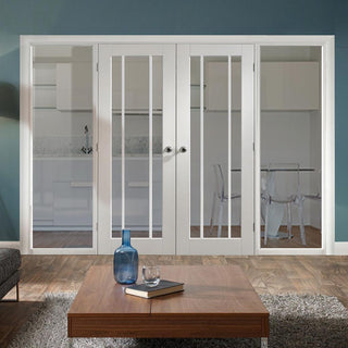 Image: ThruEasi White Room Divider - Worcester Clear Glass Primed Door Pair with Full Glass Sides