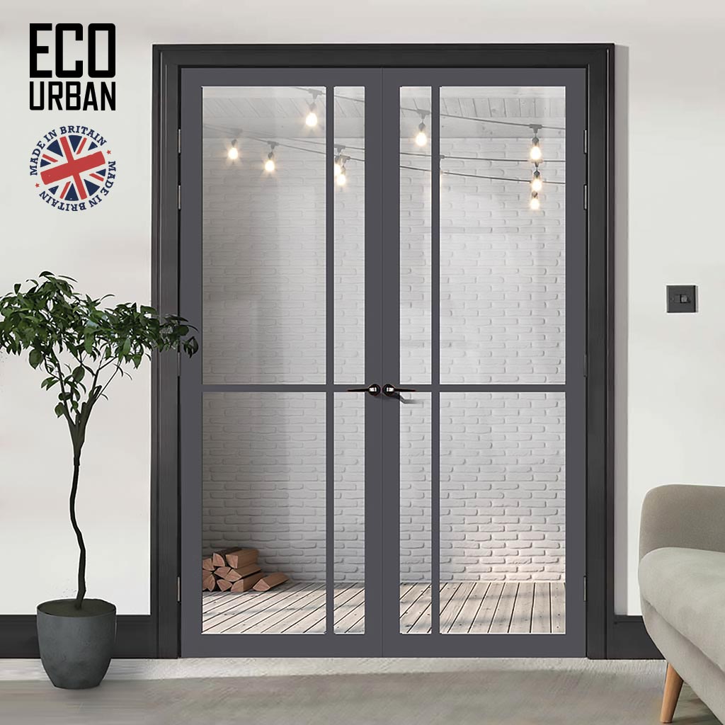 Marfa 4 Pane Solid Wood Internal Door Pair UK Made DD6313G - Clear Glass - Eco-Urban® Stormy Grey Premium Primed